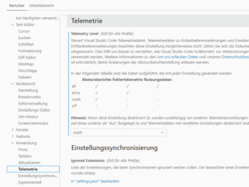 Telemetrie im Einstellungs-Seitenbaum